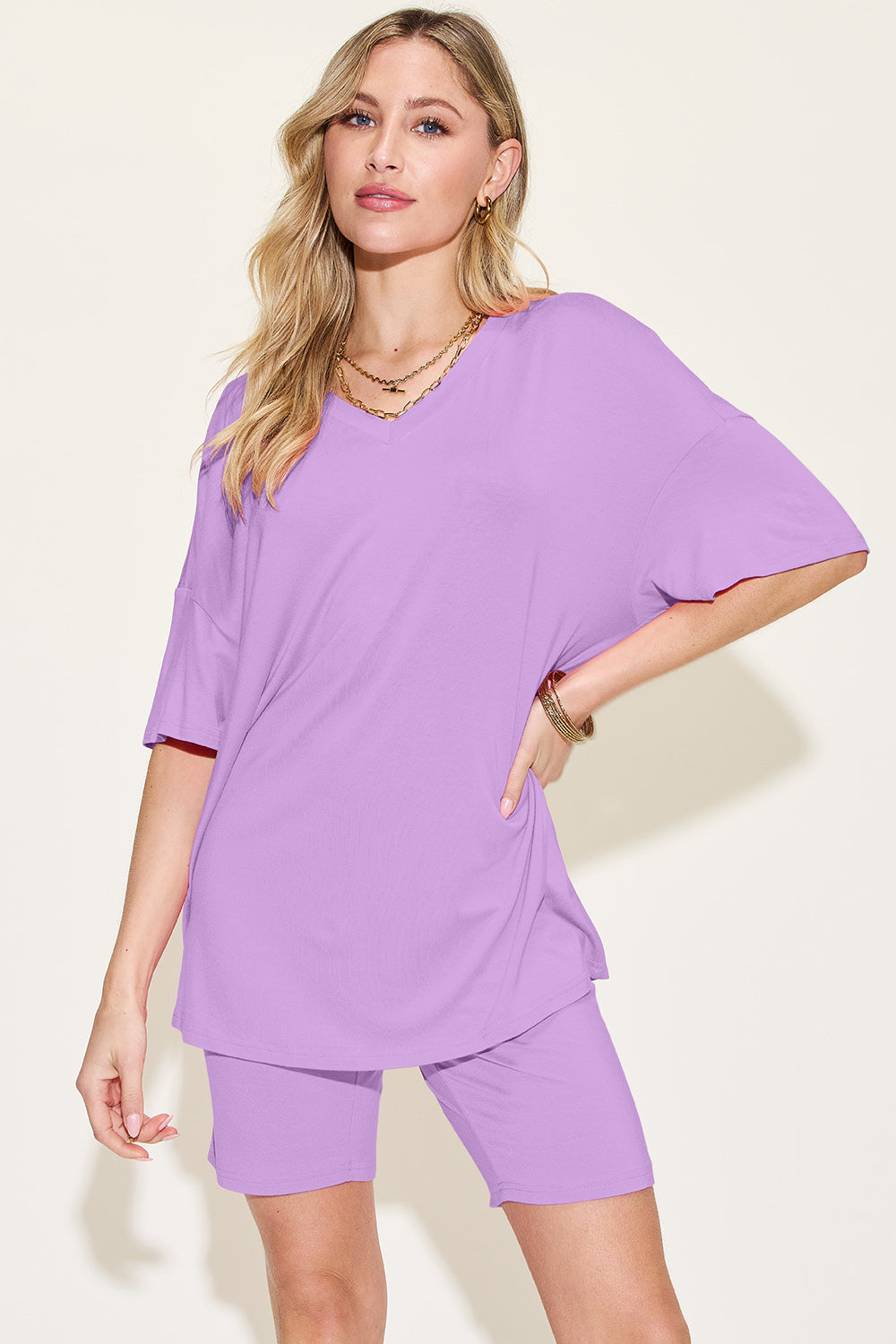 Basic Bae Bamboo Full Size  V-Neck Drop Shoulder T-Shirt and Shorts Set - 5 Colors - Shop All Around Divas