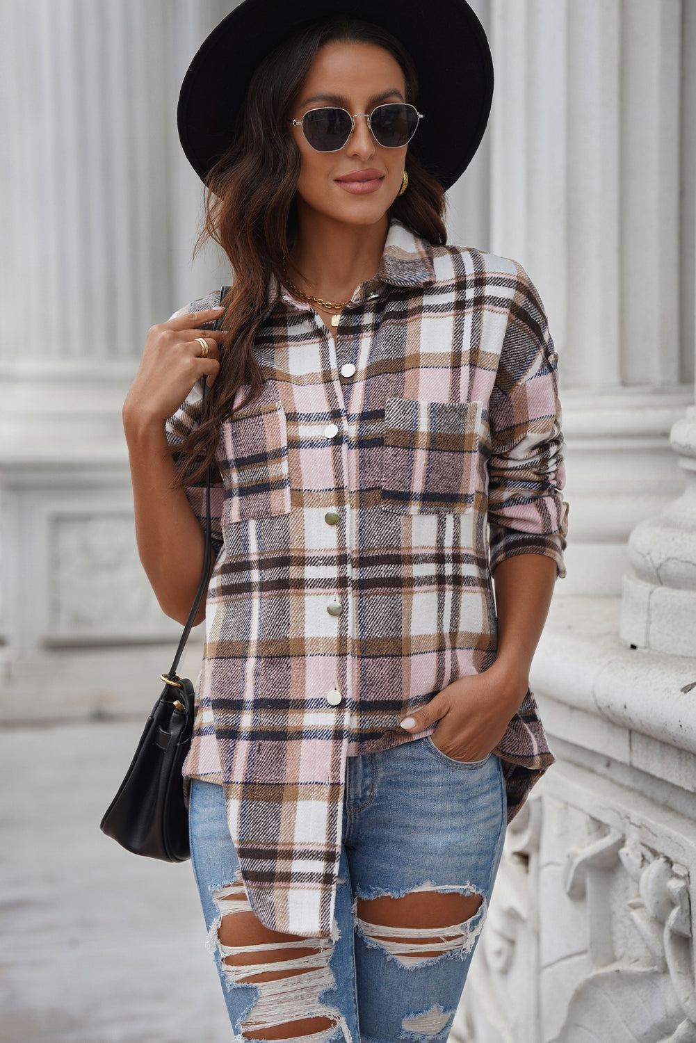 Plaid Curved Hem Dropped Shoulder Longline Shirt Jacket - Multiple Colors