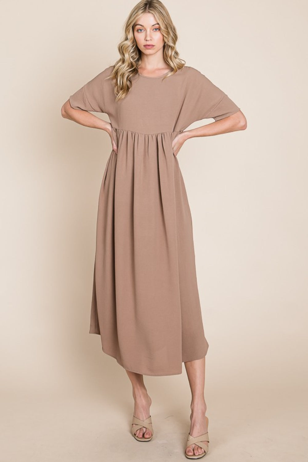 BOMBOM Round Neck Ruched Midi Dress - Shop All Around Divas