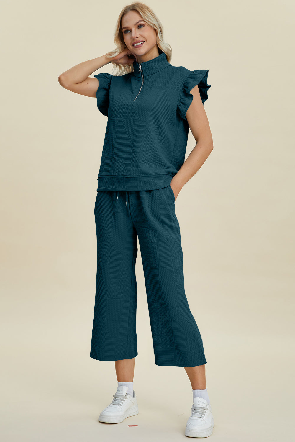 Double Take Texture Ruffle Short Sleeve Top and Wide Leg Pants Set - 5 Colors Trendsi