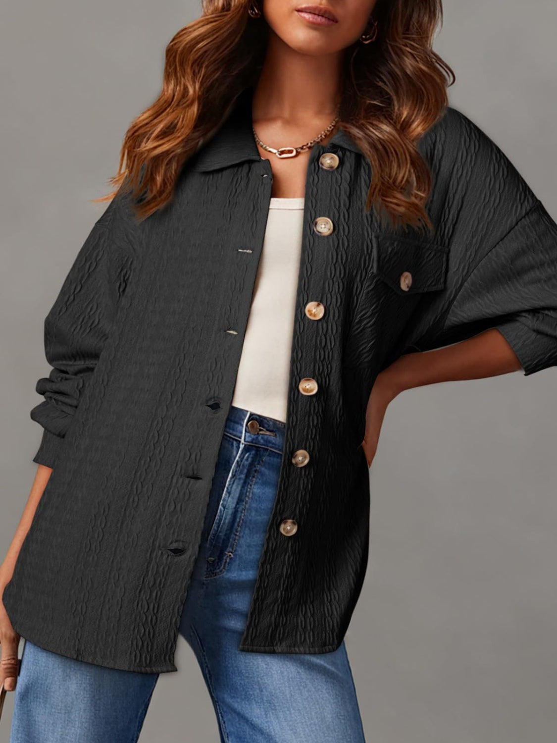 Textured Button Up Long Sleeve Shacket - 5 Colors