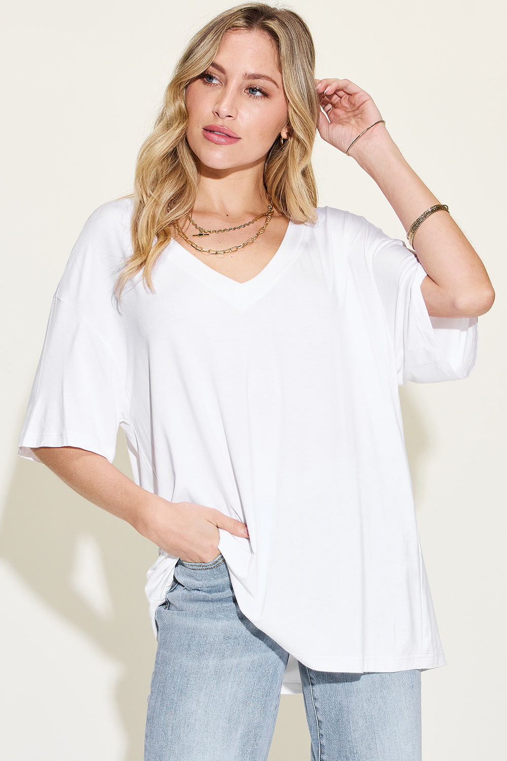 Basic Bae Full Size Bamboo V-Neck Drop Shoulder T-Shirt - 4 Colors - Shop All Around Divas