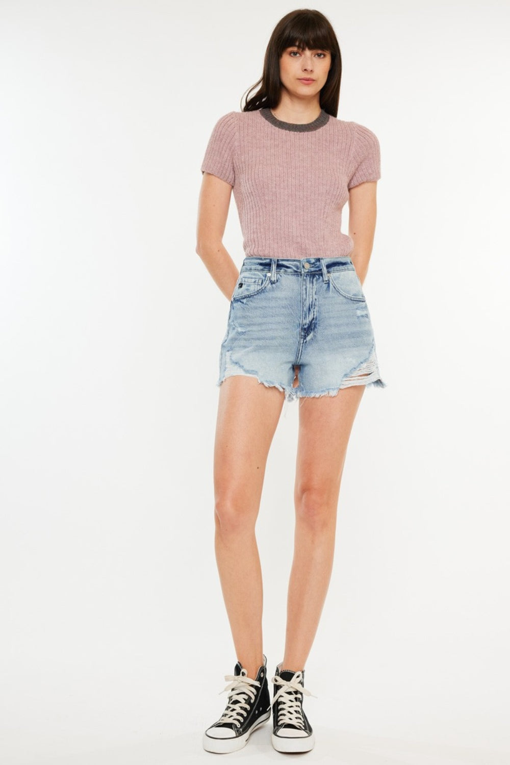 Kancan Distressed High Waist Denim Shorts with Pockets - Shop All Around Divas