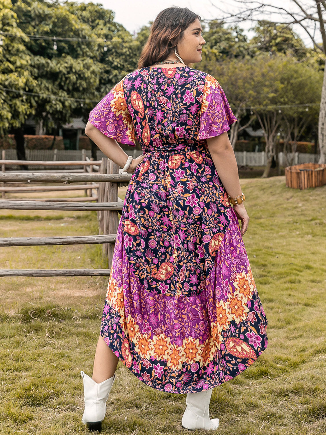 Plus Size Printed V-Neck Flutter Sleeve Midi Dress - Shop All Around Divas