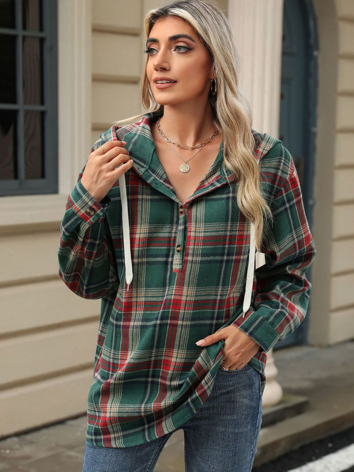 Drawstring Plaid Hooded Long Sleeve Top - 3 Colors