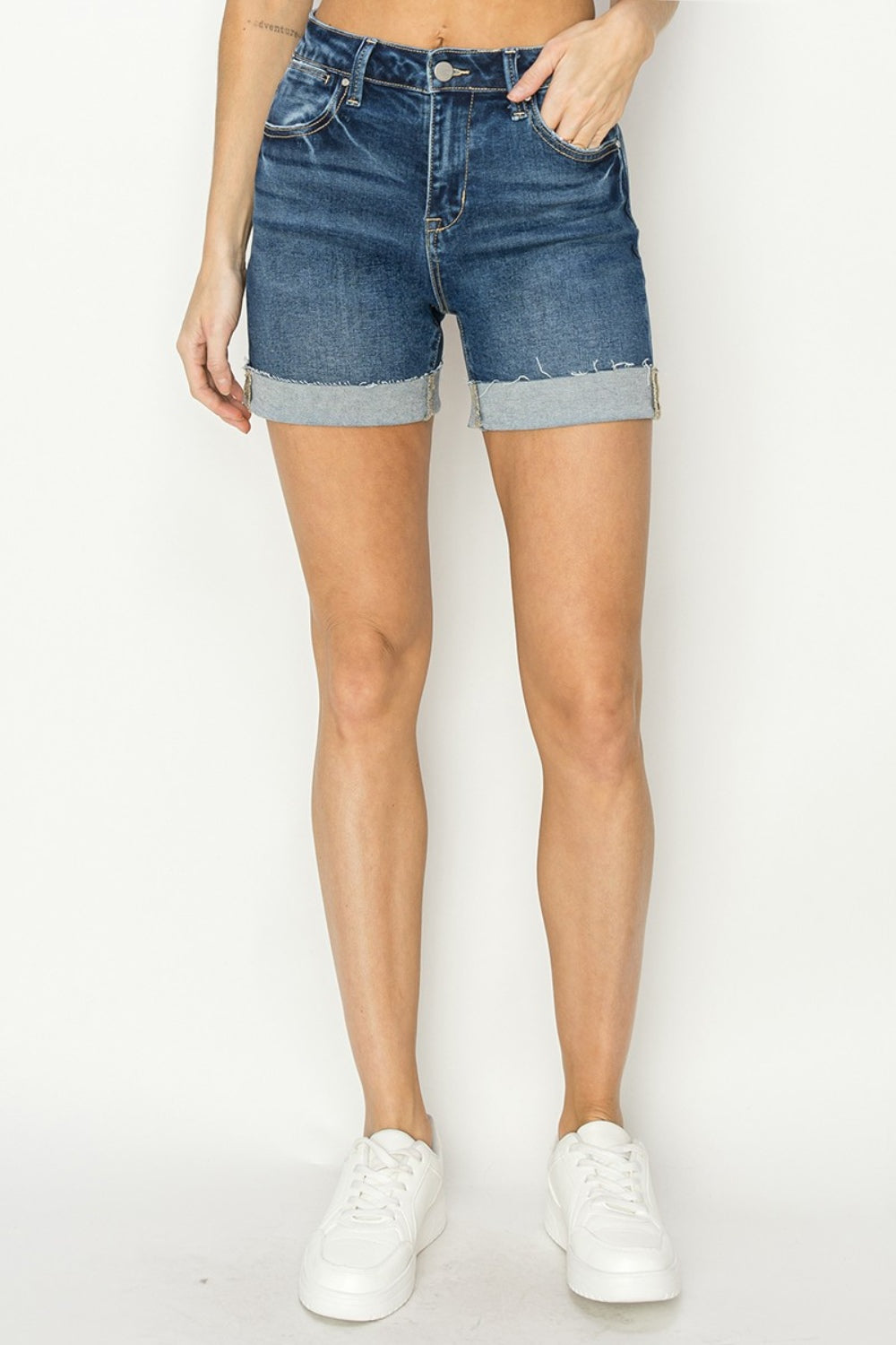 RISEN High Rise Cuffed Denim Shorts - Shop All Around Divas