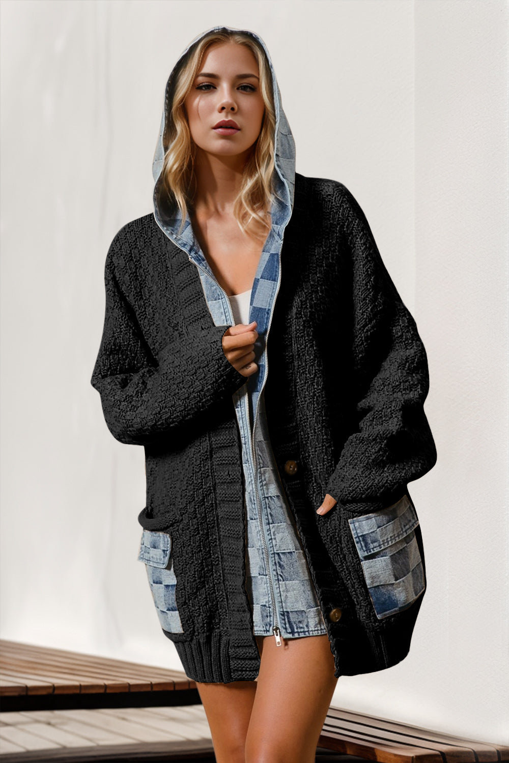 Double Take Full Size Hooded Denim Spliced Sweater Cardigan - 3 Colors