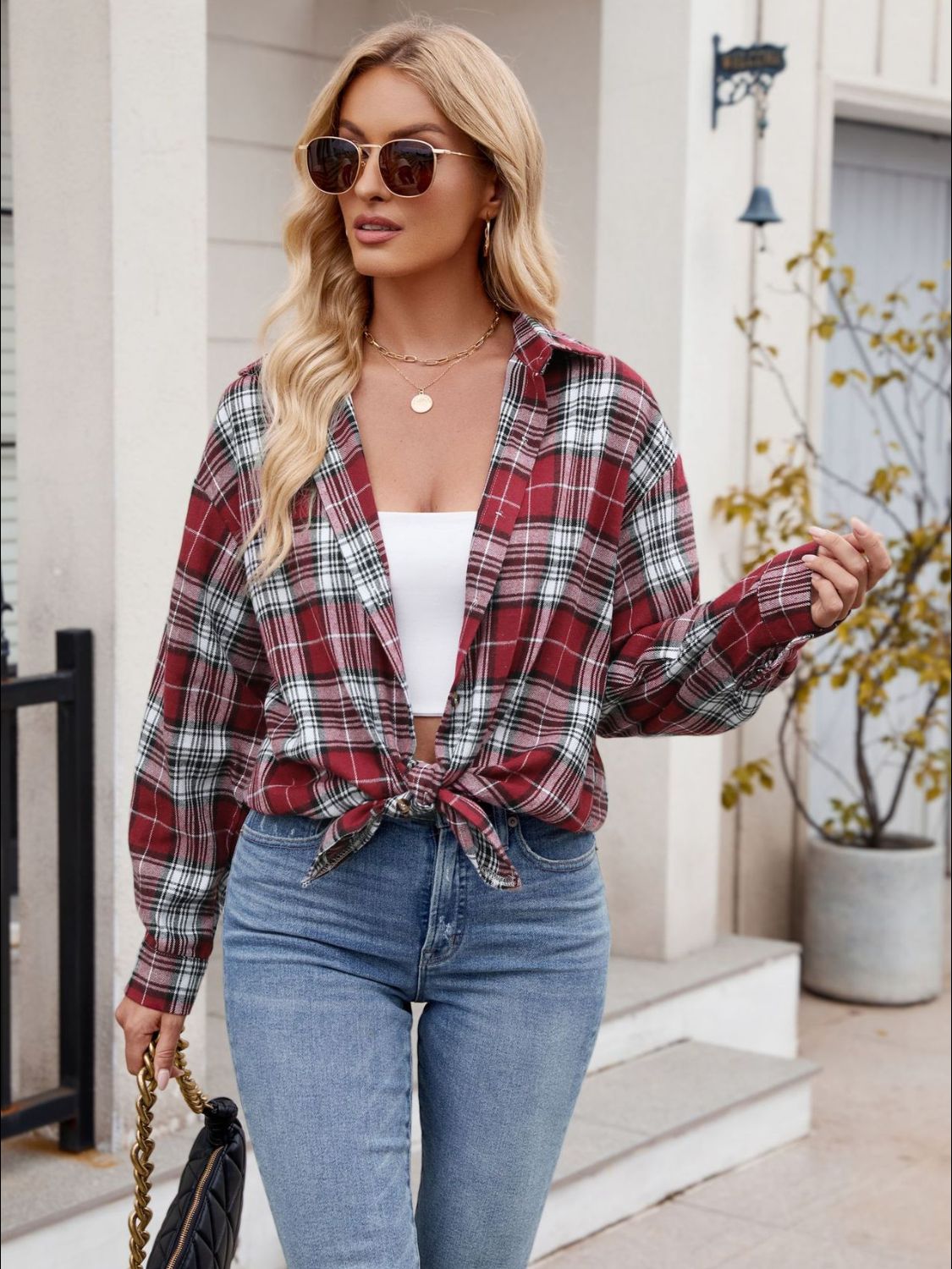 Pocketed Plaid Collared Neck Long Sleeve Shirt- 6 Styles Trendsi