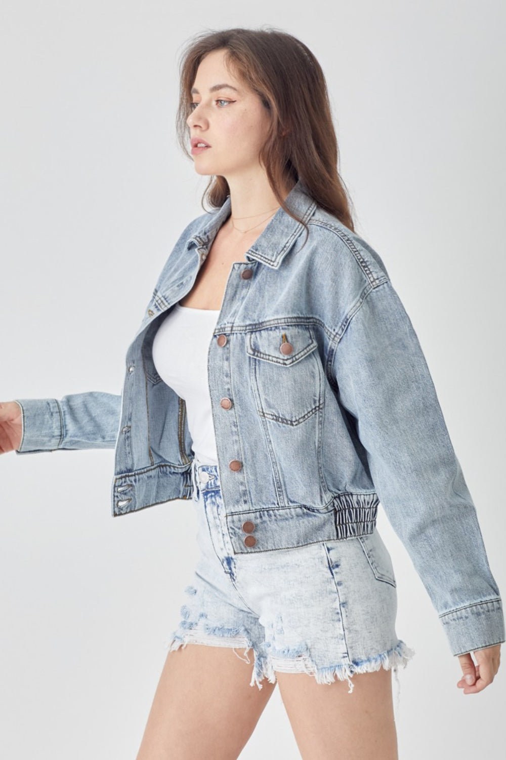 RISEN Full Size Button Down Cropped Denim Jacket - Shop All Around Divas