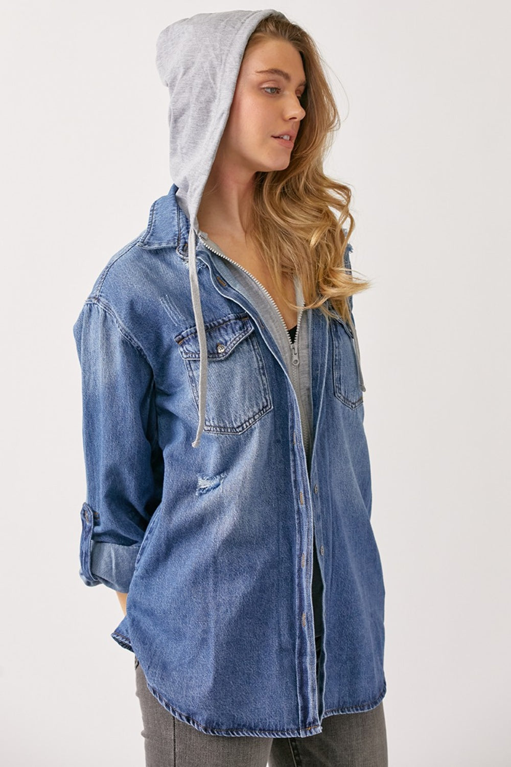 RISEN Zip Up Hooded Denim Shacket - Shop All Around Divas