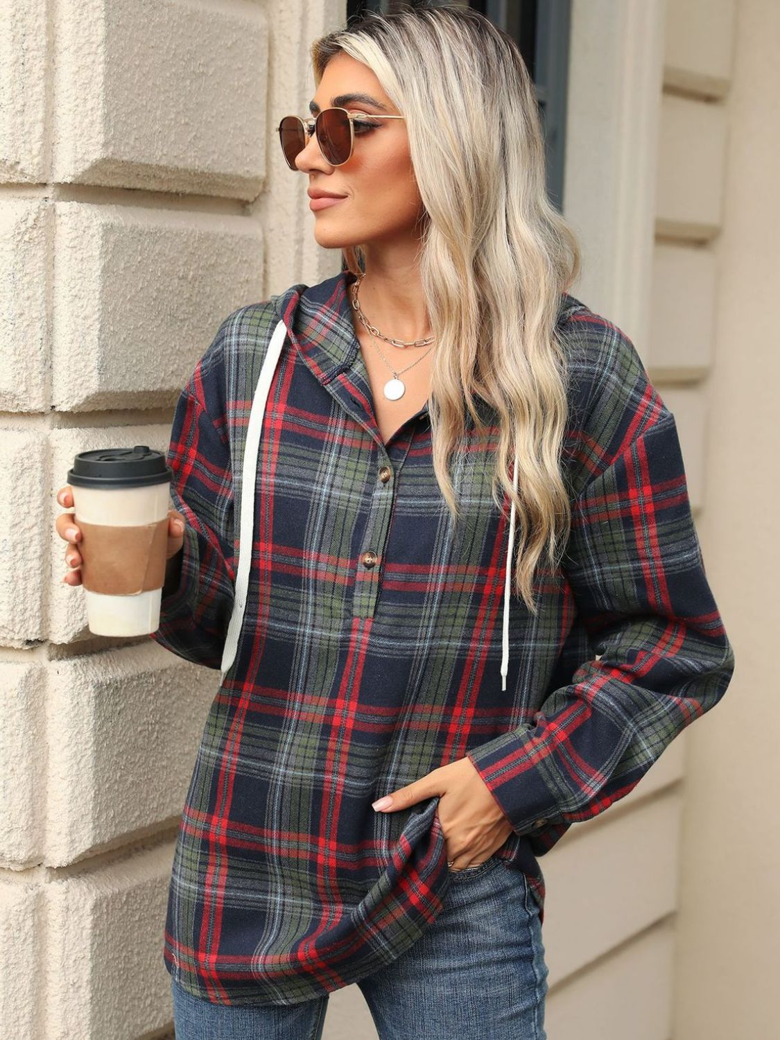 Drawstring Plaid Hooded Long Sleeve Top - 3 Colors