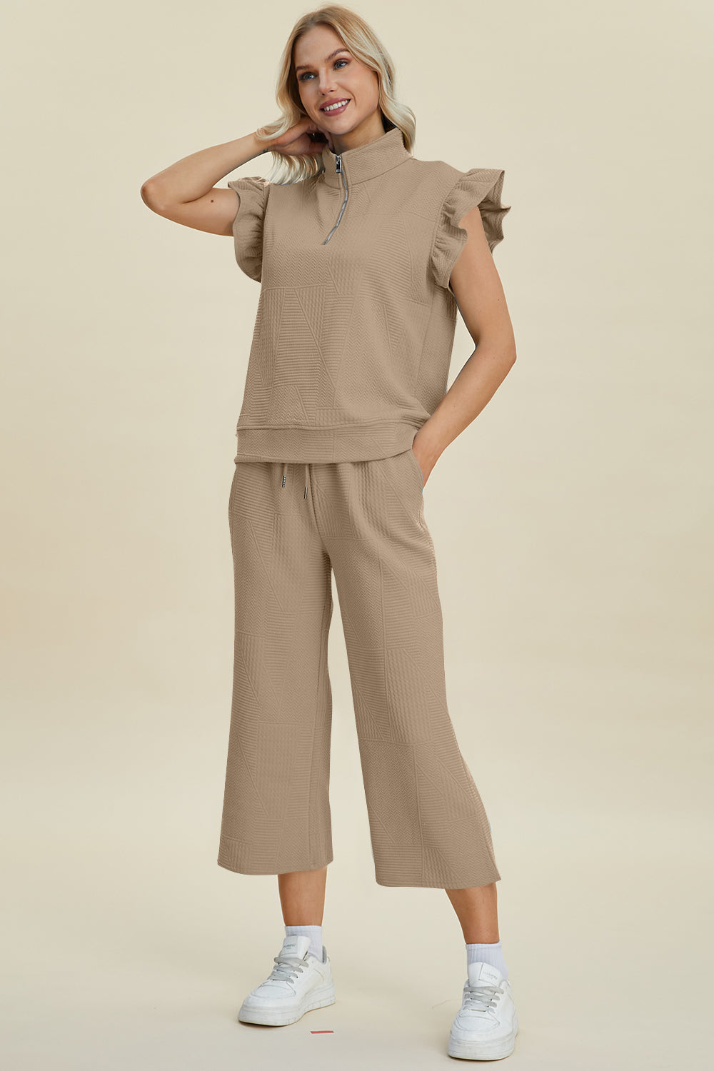 Double Take Texture Ruffle Short Sleeve Top and Wide Leg Pants Set - 5 Colors Trendsi