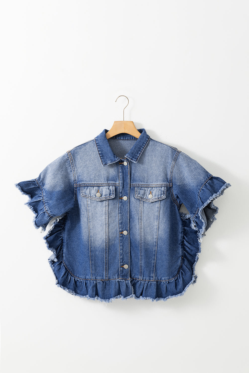 Ruffled Raw Hem Half Sleeve Denim Top - Shop All Around Divas