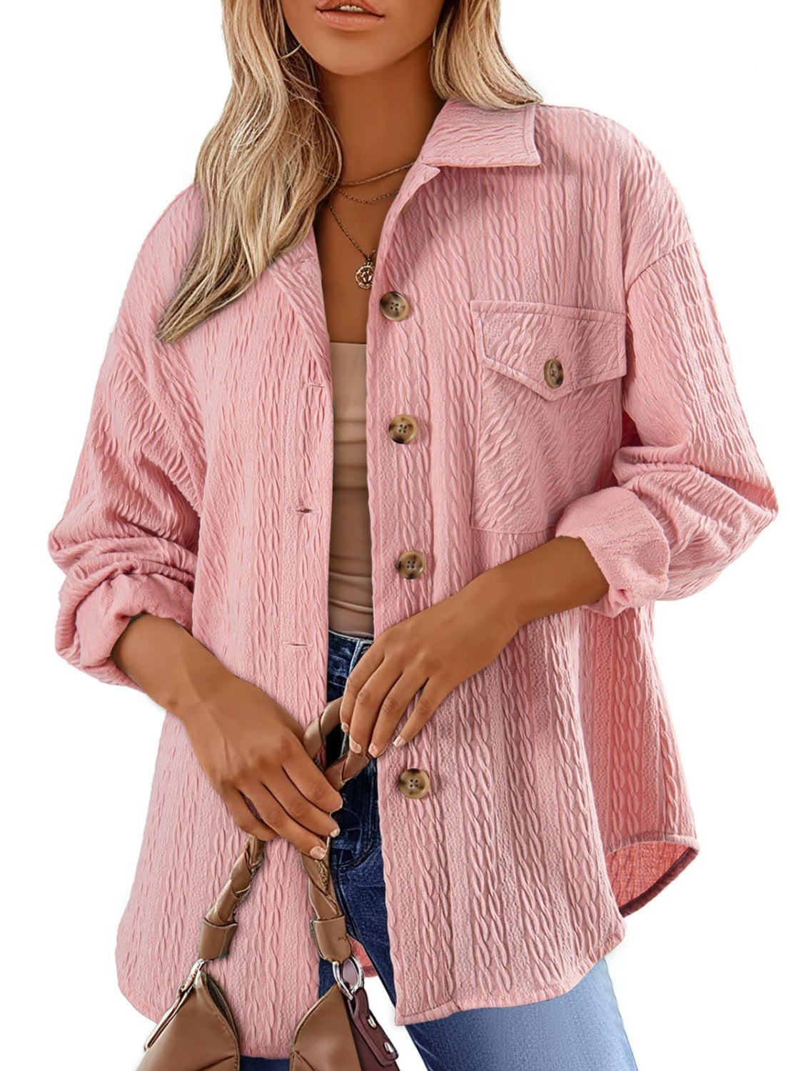 Textured Button Up Long Sleeve Shacket - 5 Colors