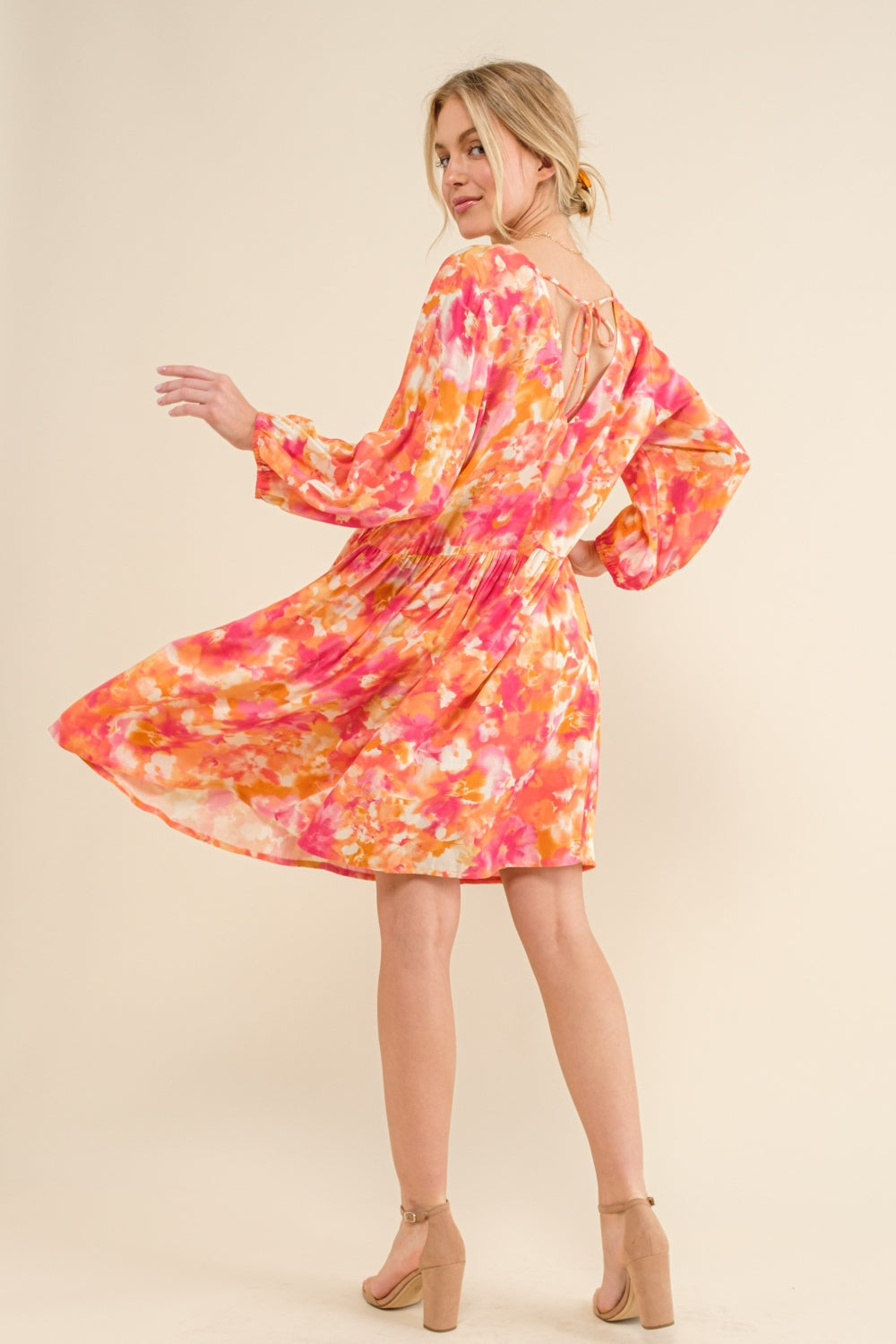 And The Why Full Size Printed Tie Back Long Sleeve Dress - Shop All Around Divas