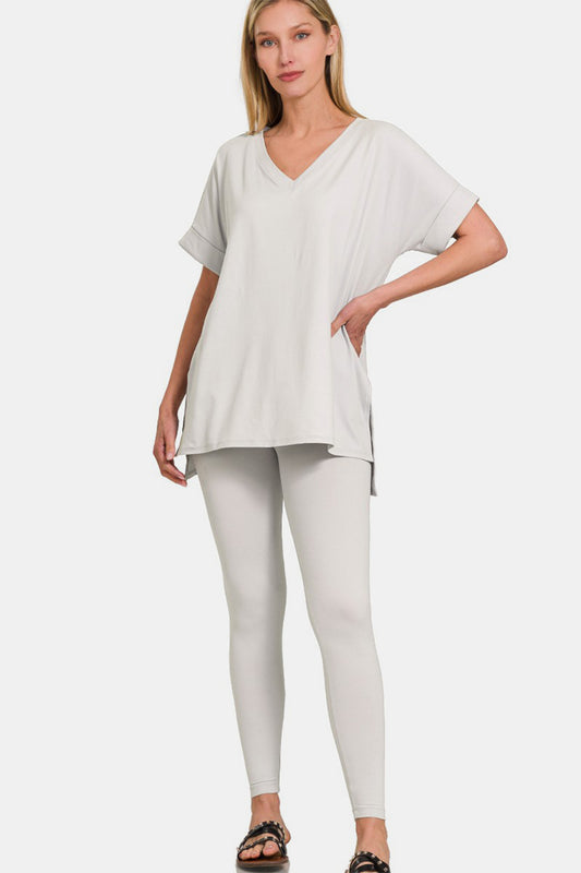 Zenana V-Neck Rolled Short Sleeve T-Shirt and Leggings Lounge Set Trendsi