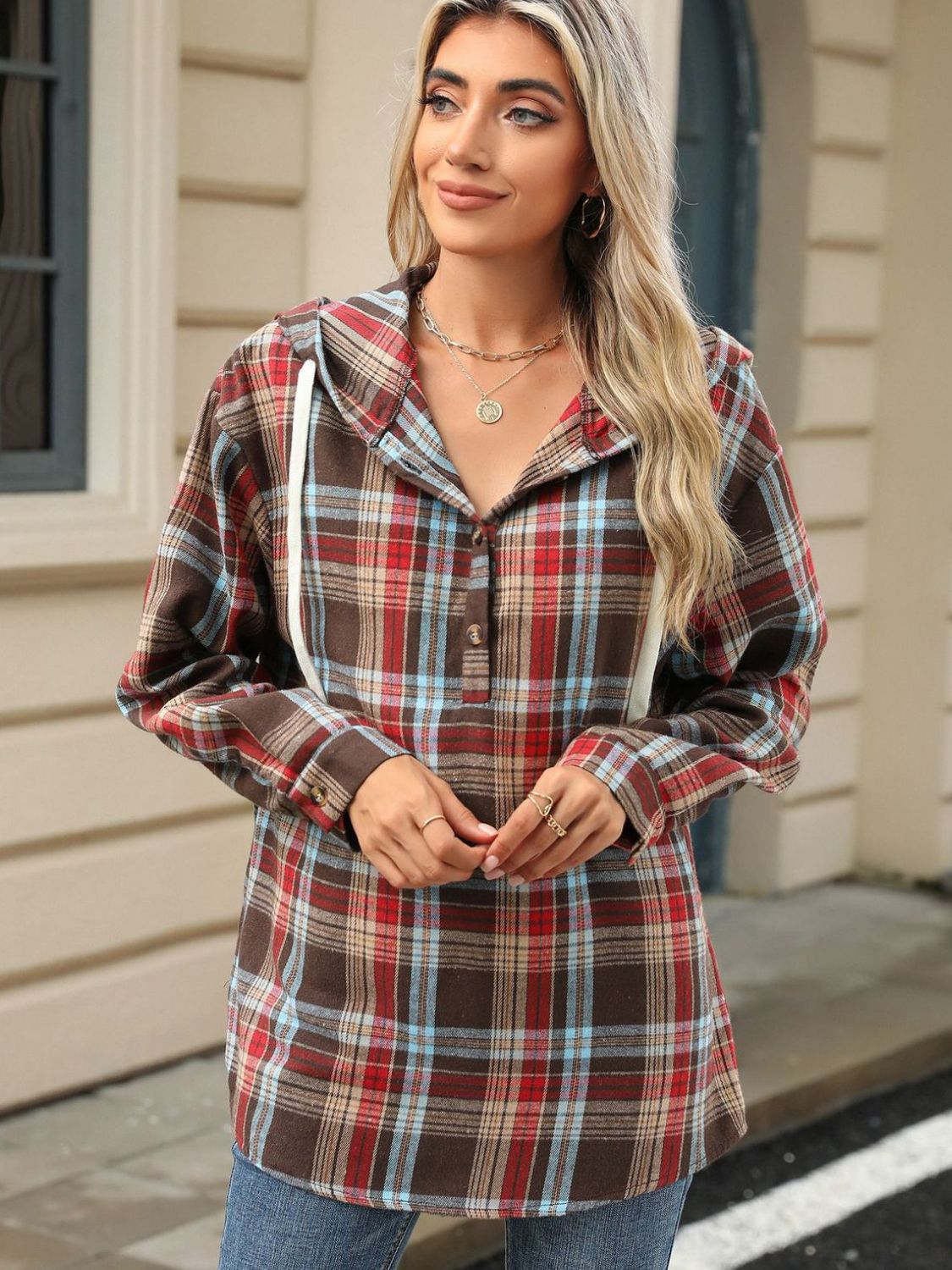 Drawstring Plaid Hooded Long Sleeve Top - 3 Colors