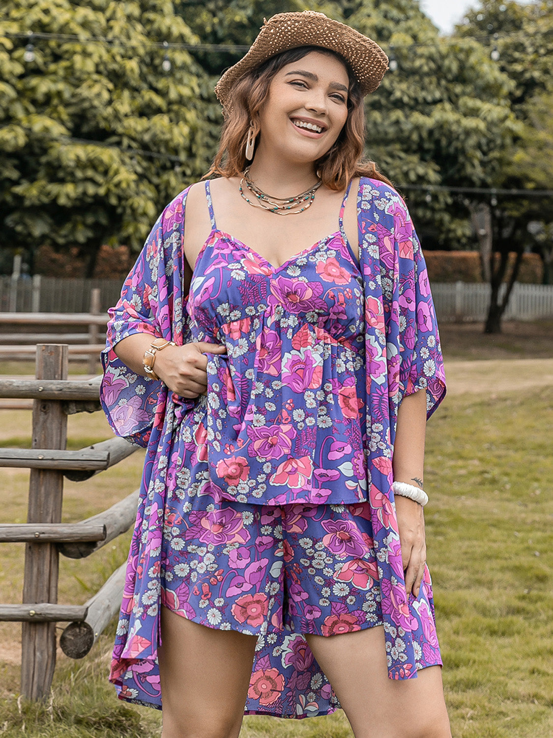 Plus Size Printed Cami, Open Front Cover Up and Shorts Set - Shop All Around Divas