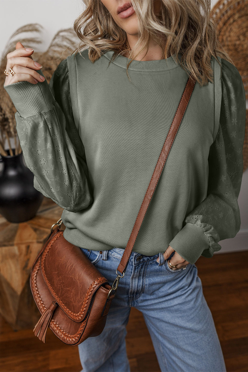 Eyelet Round Neck Long Sleeve Sweatshirt - 5 colors Trendsi