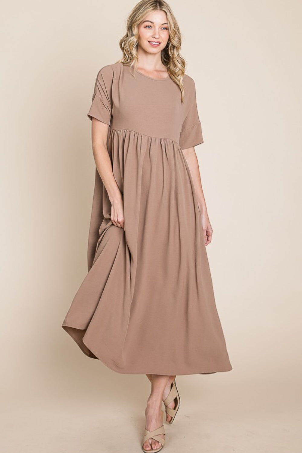 BOMBOM Round Neck Ruched Midi Dress - Shop All Around Divas