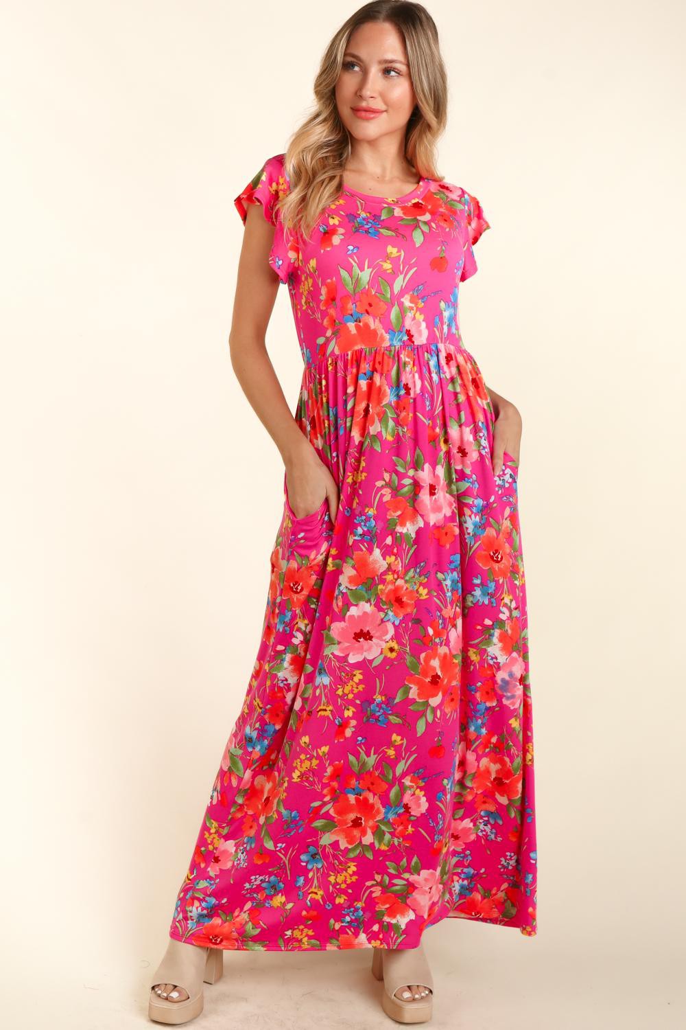 Haptics Floral Ruffled Round Neck Cap Sleeve Dress - Shop All Around Divas