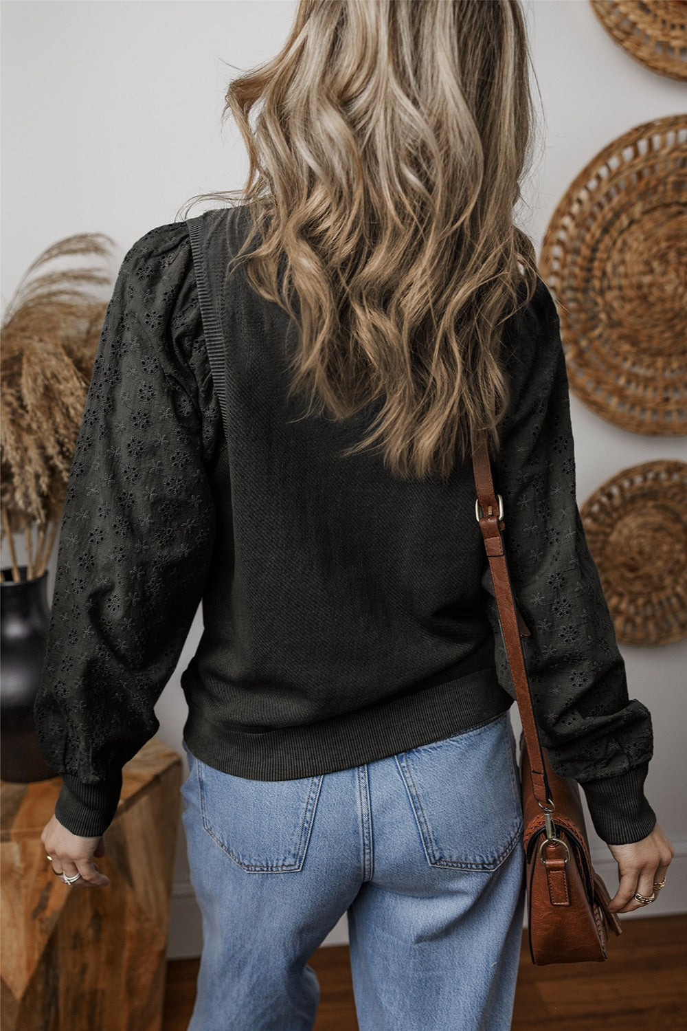 Eyelet Round Neck Long Sleeve Sweatshirt - 5 colors Trendsi