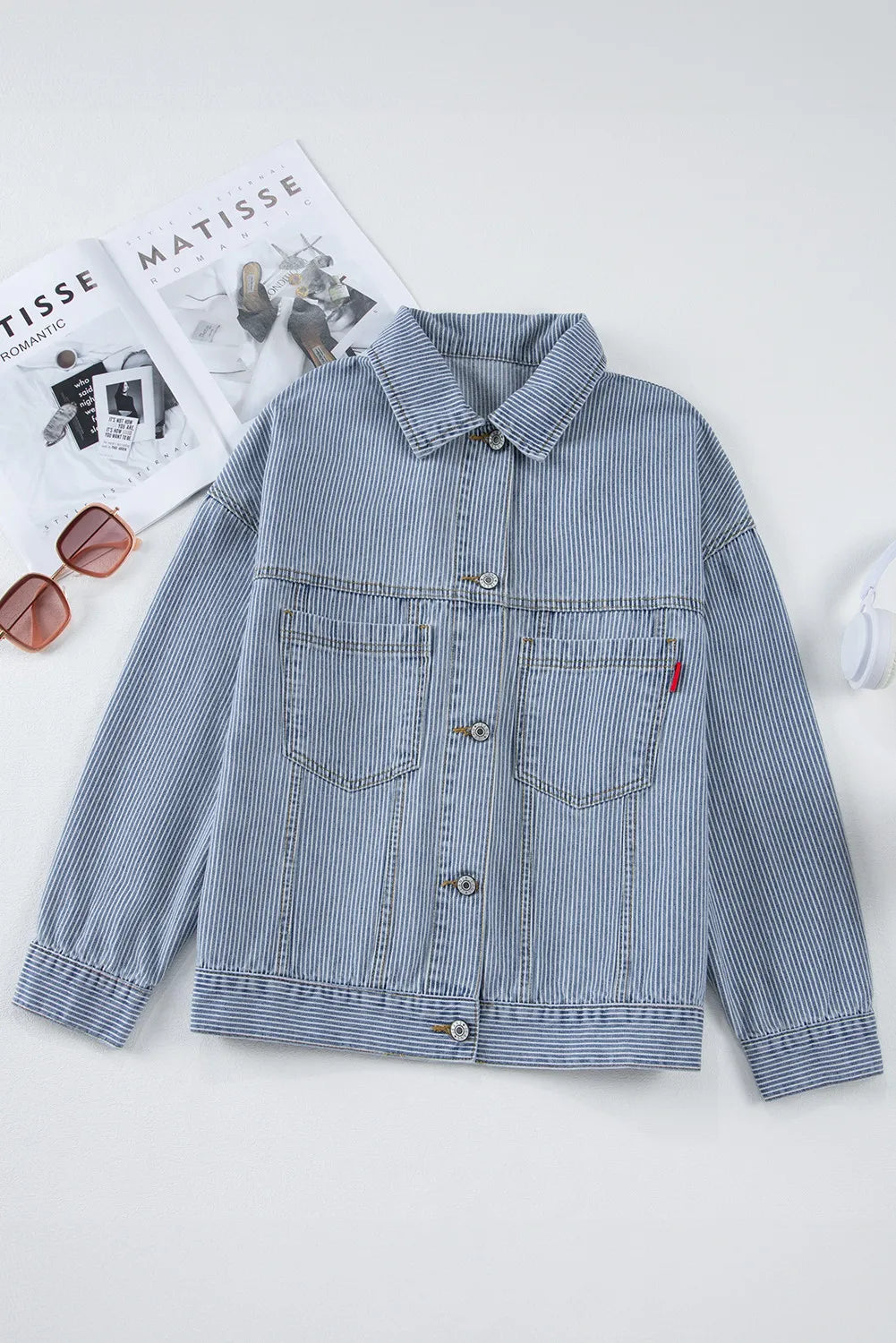 Striped Button Up Long Sleeve Denim Jacket Trendsi