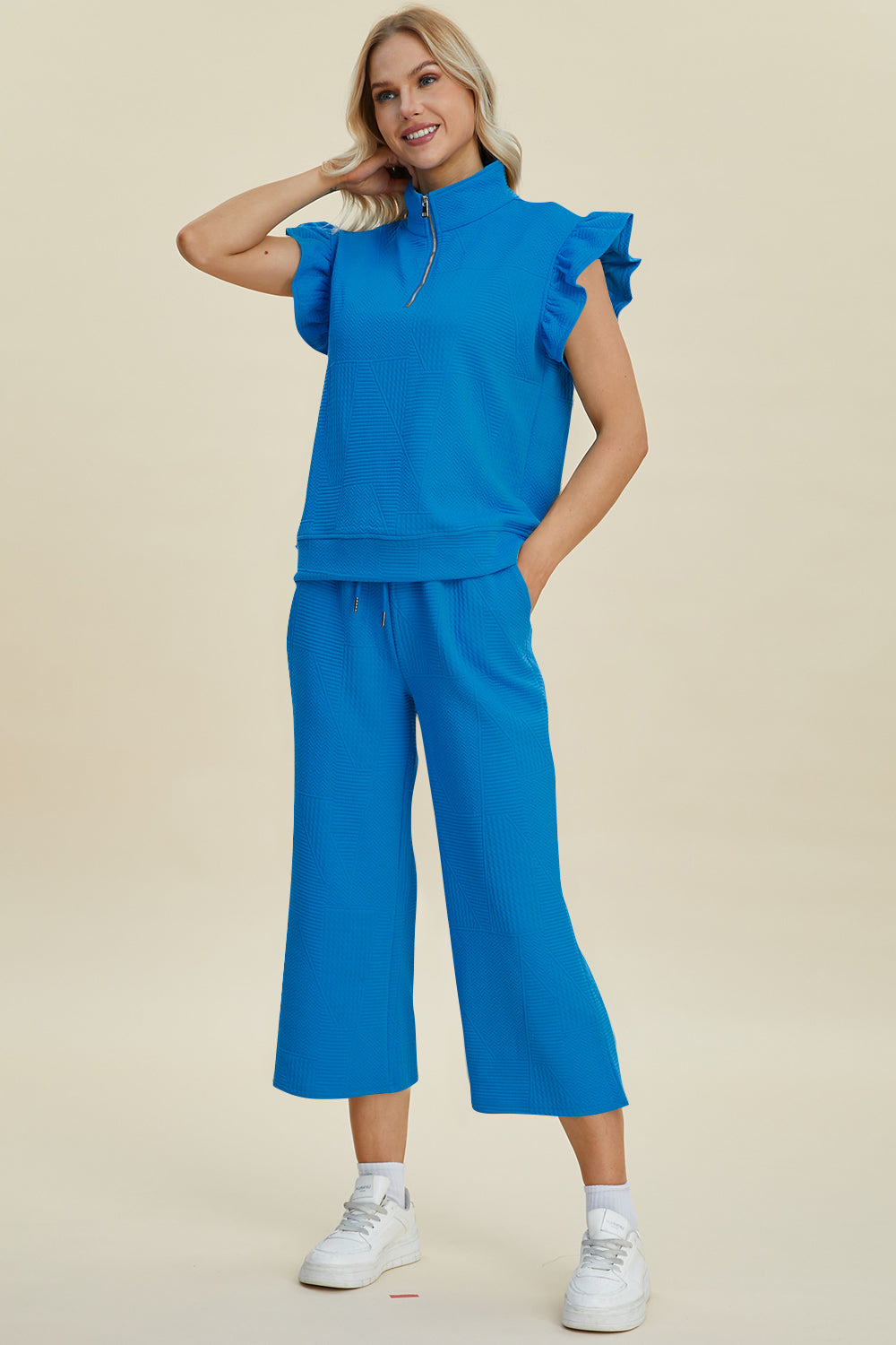 Double Take Texture Ruffle Short Sleeve Top and Wide Leg Pants Set - 5 Colors Trendsi