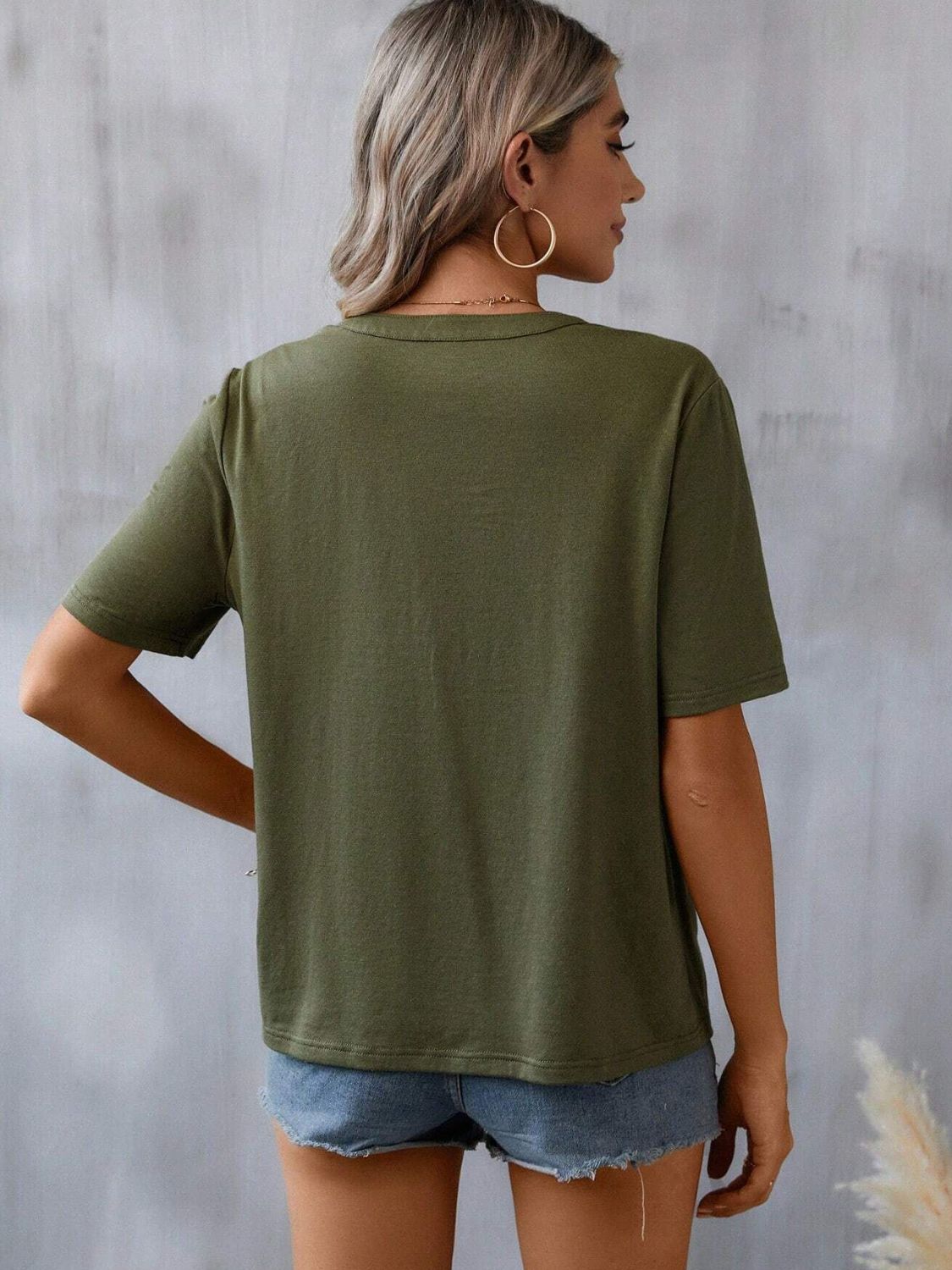 Embroidered Notched Short Sleeve T-Shirt - 5 Colors