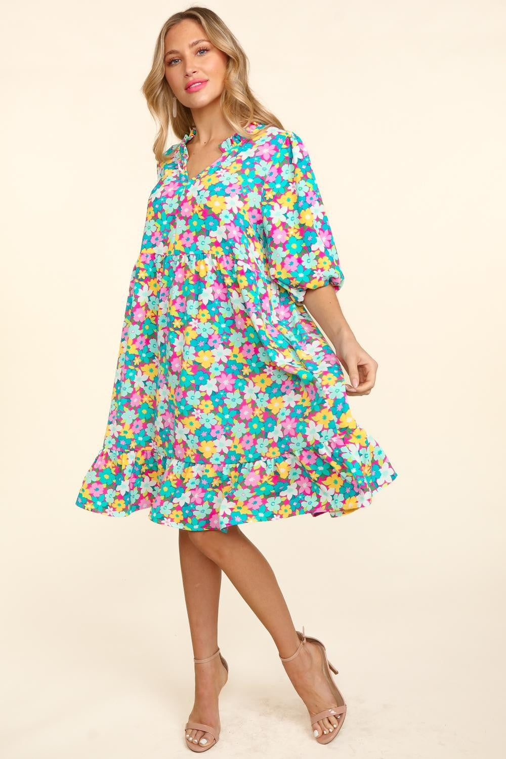 Haptics Bubble Sleeve Floral Ruffled Dress - Shop All Around Divas