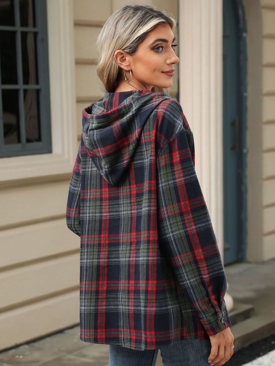 Drawstring Plaid Hooded Long Sleeve Top - 3 Colors