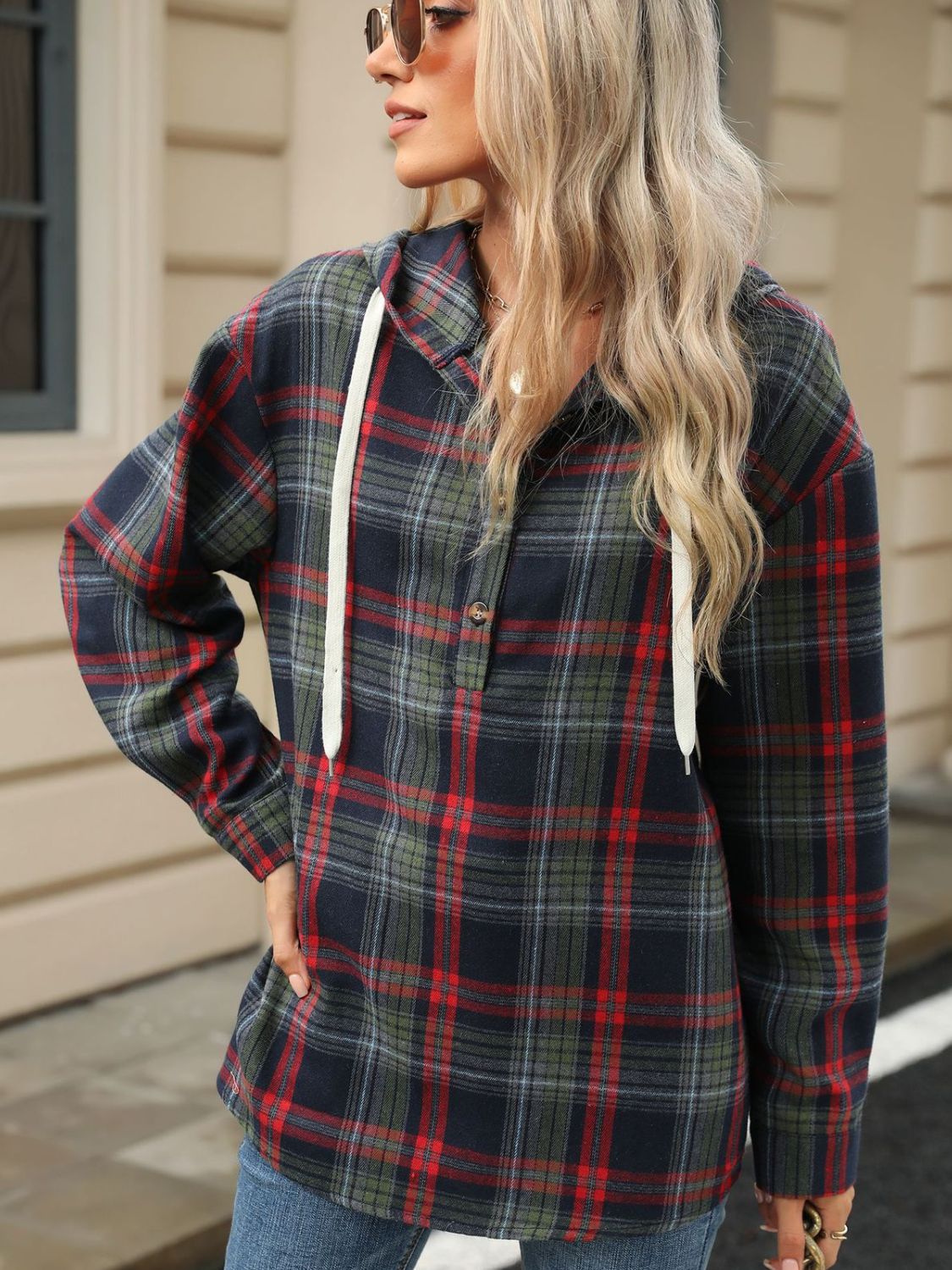 Drawstring Plaid Hooded Long Sleeve Top - 3 Colors