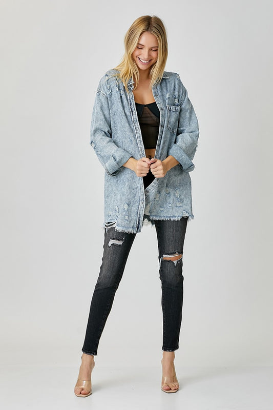 RISEN Distressed Raw Hem Denim Shirt - Shop All Around Divas