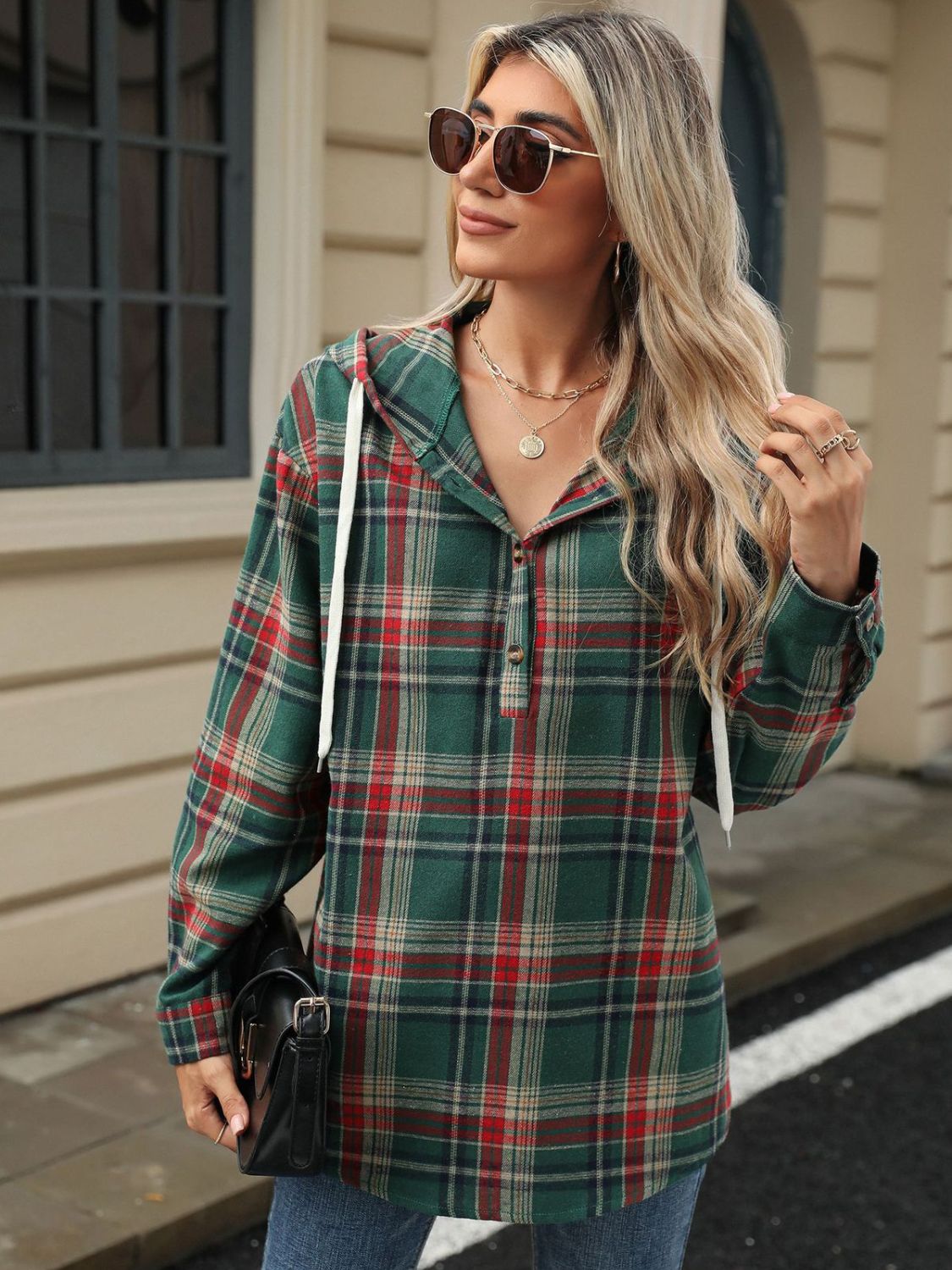 Drawstring Plaid Hooded Long Sleeve Top - 3 Colors