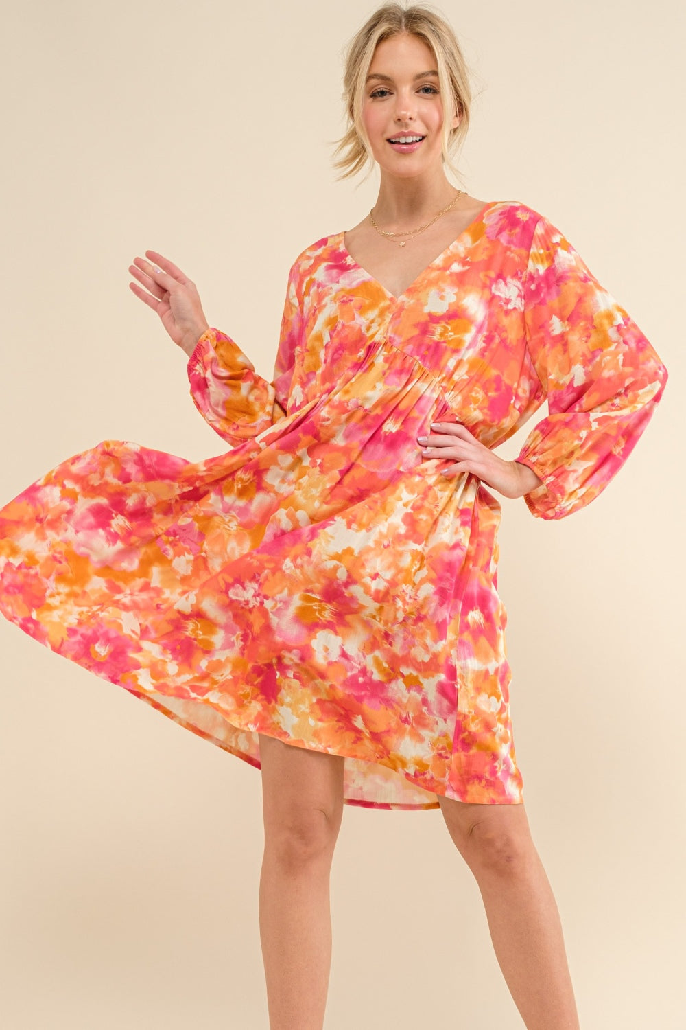 And The Why Full Size Printed Tie Back Long Sleeve Dress - Shop All Around Divas