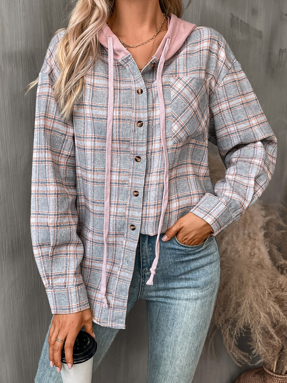 Plaid Long Sleeve Hooded Jacket - 5 Colors Trendsi