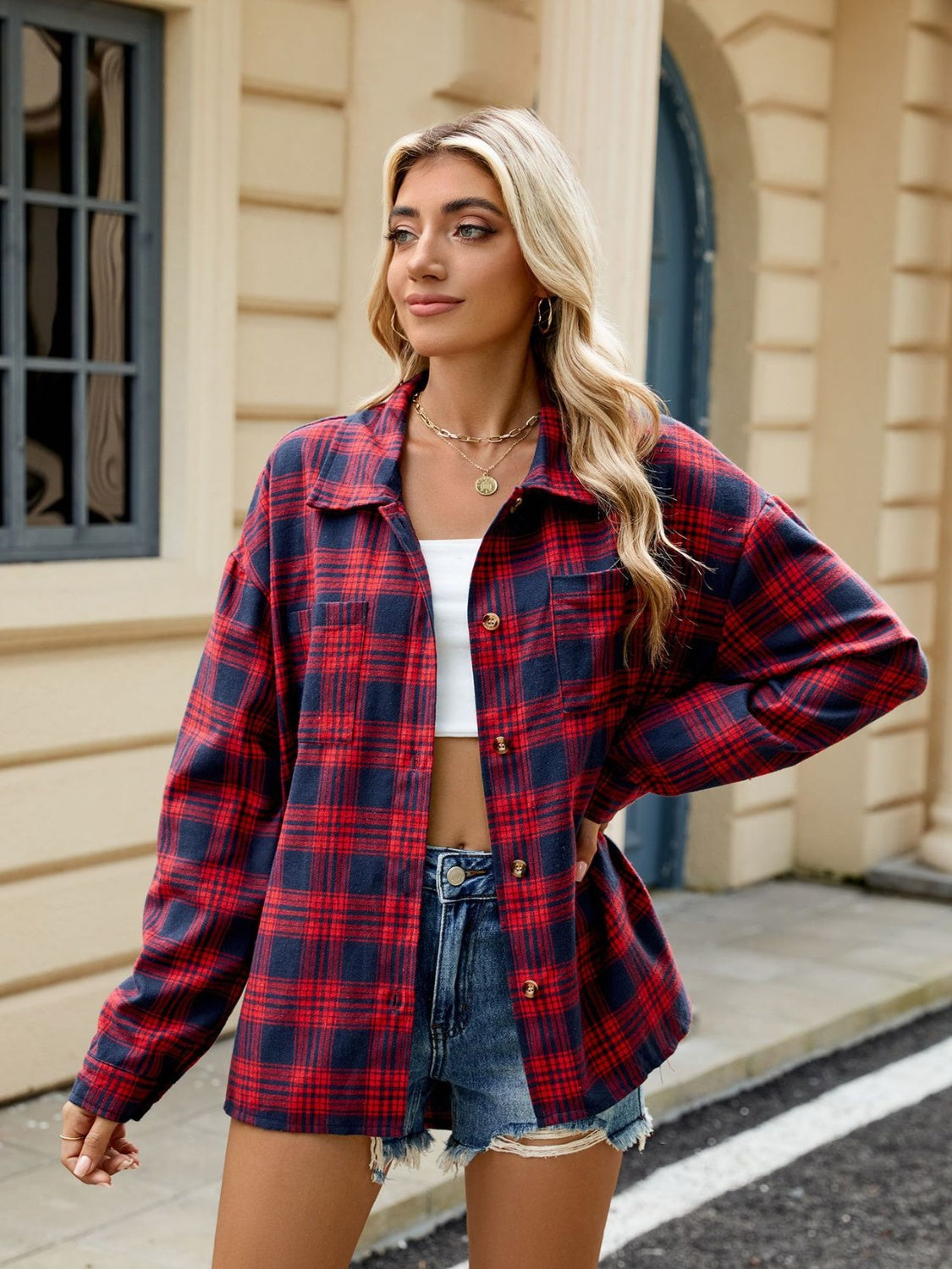 Elena Plaid Collared Neck Long Sleeve Shirt - 7 Styles Trendsi