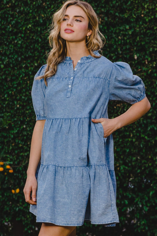 ODDI Washed Tiered Mini Denim Dress - Shop All Around Divas