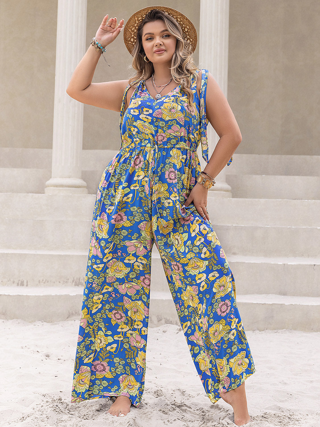 Plus Size Printed V-Neck Wide Leg Jumpsuit - Shop All Around Divas