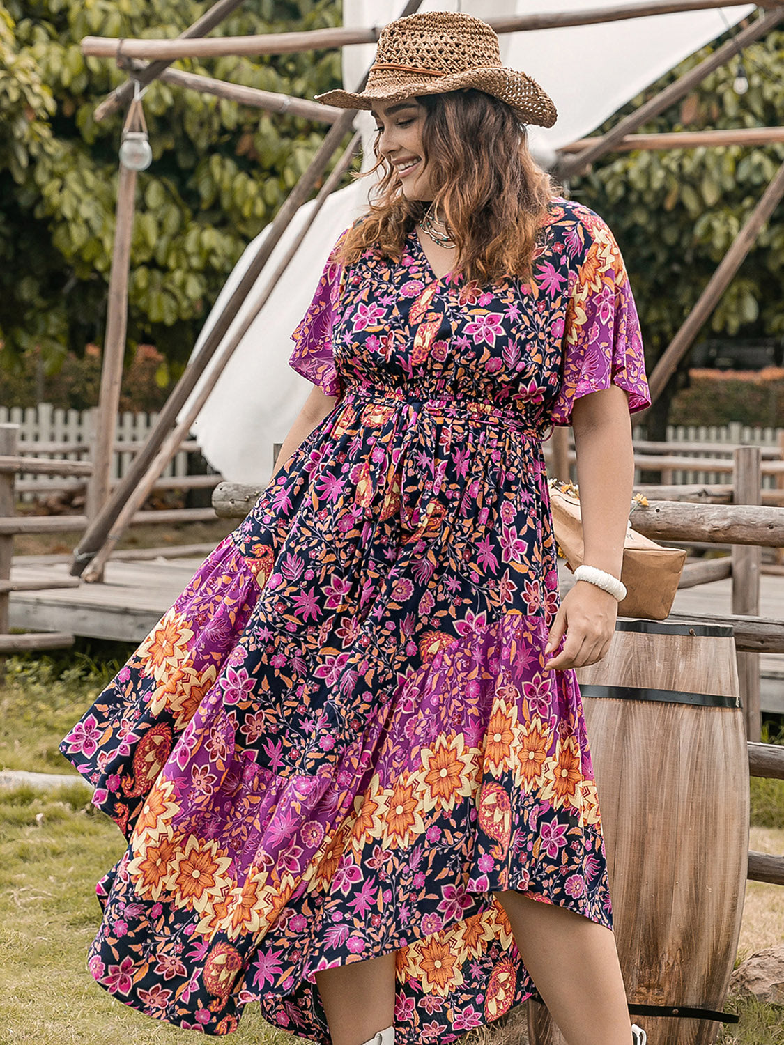 Plus Size Printed V-Neck Flutter Sleeve Midi Dress - Shop All Around Divas