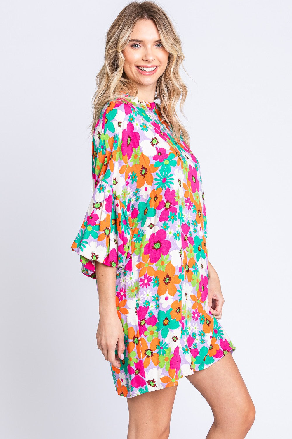 GeeGee Full Size Floral Round Neck Lantern Sleeve Mini Dress - Shop All Around Divas