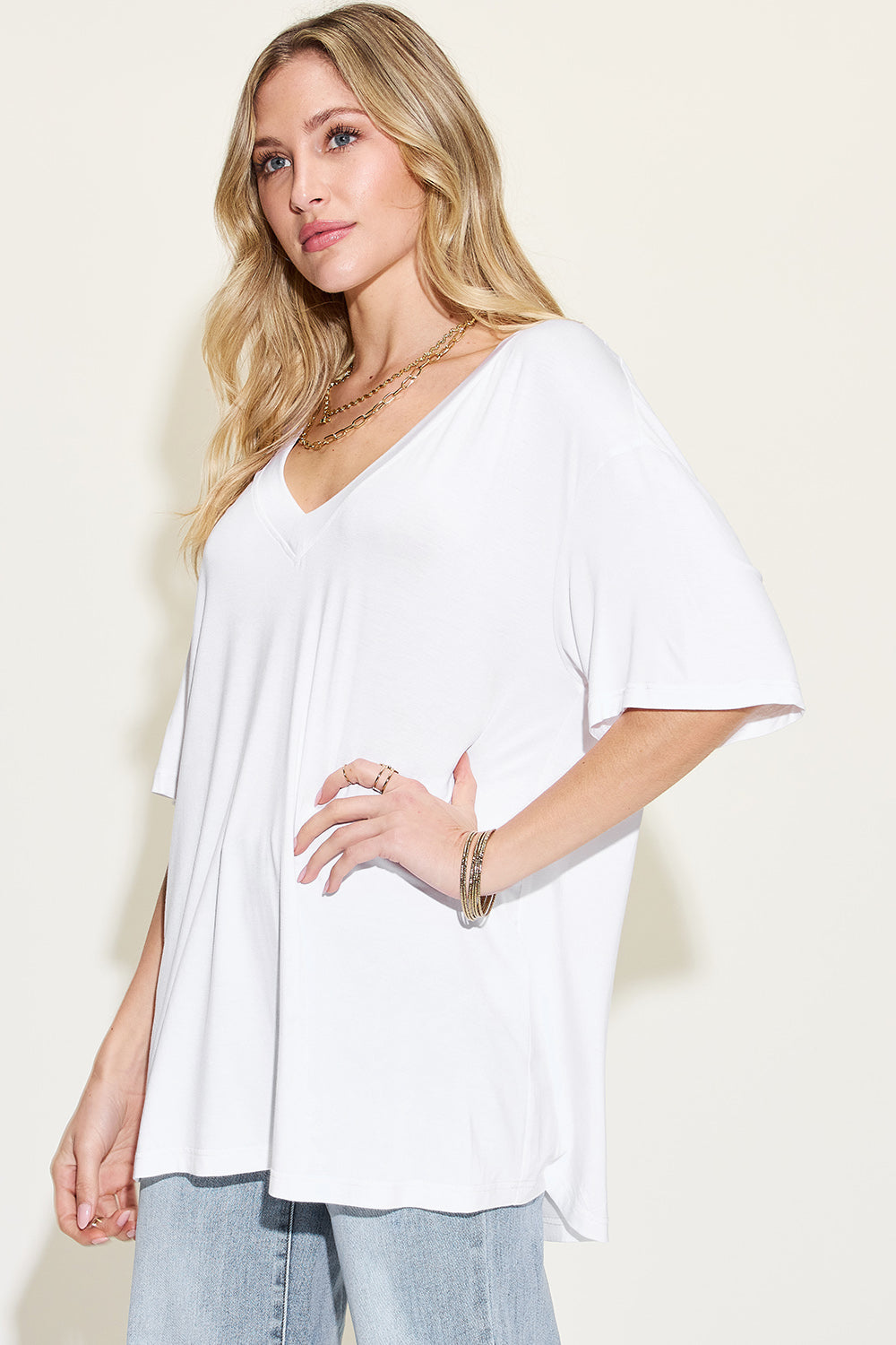 Basic Bae Full Size Bamboo V-Neck Drop Shoulder T-Shirt - 4 Colors - Shop All Around Divas
