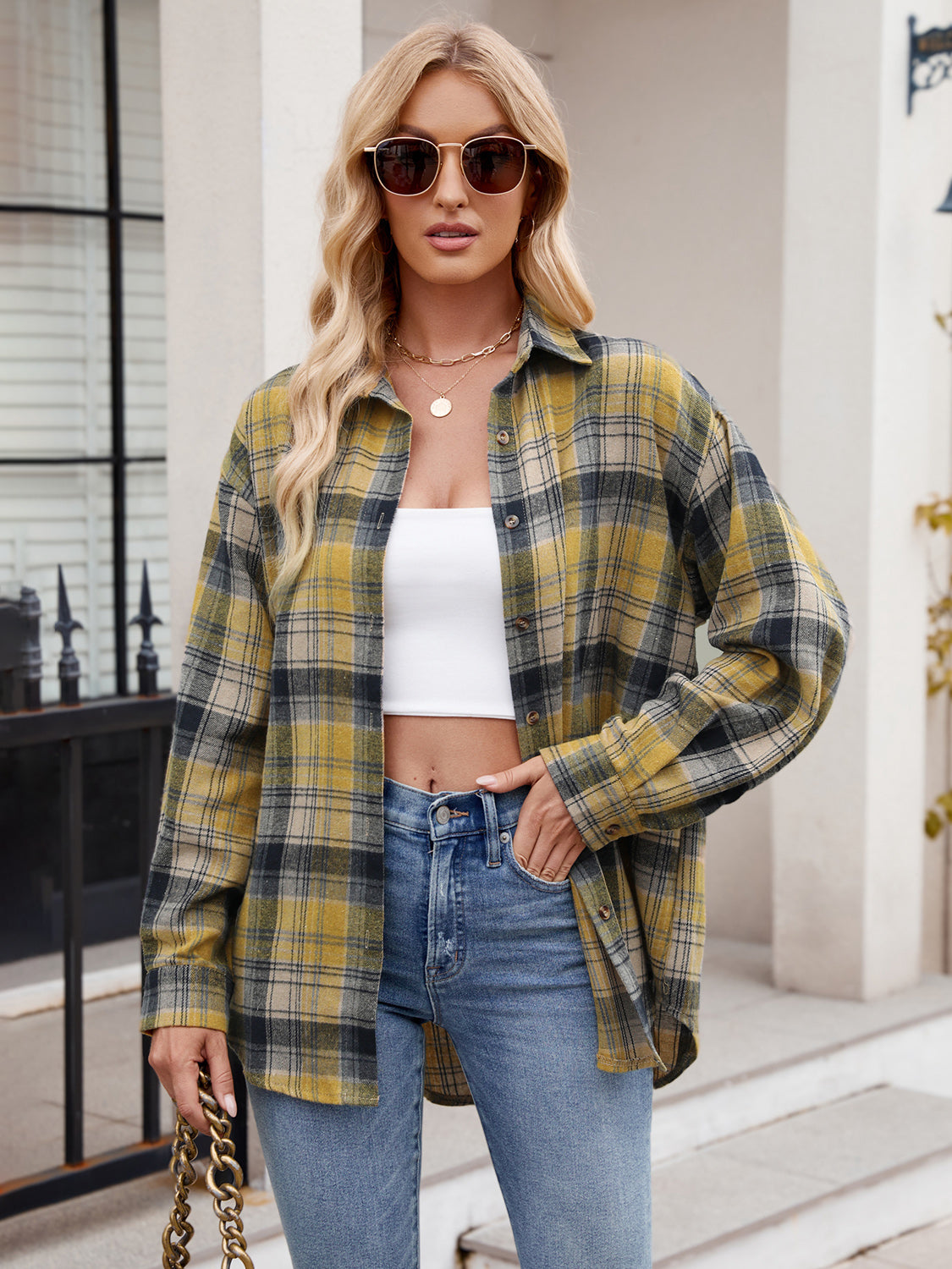 Pocketed Plaid Collared Neck Long Sleeve Shirt- 6 Styles Trendsi