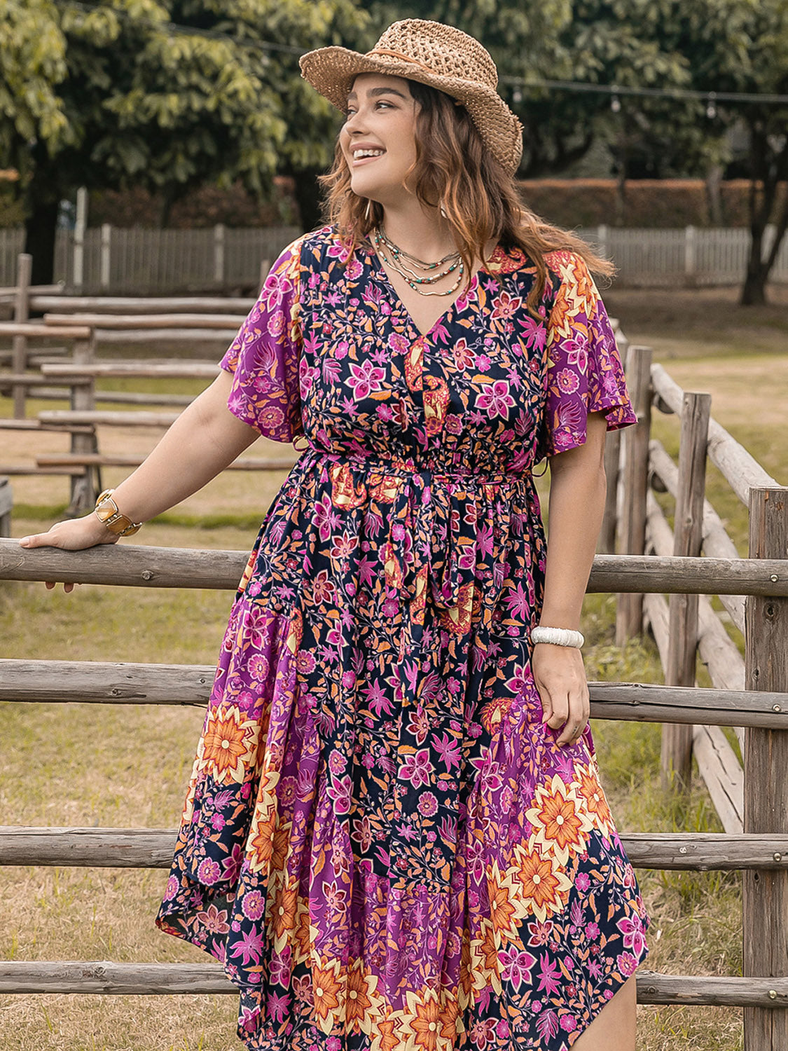 Plus Size Printed V-Neck Flutter Sleeve Midi Dress - Shop All Around Divas