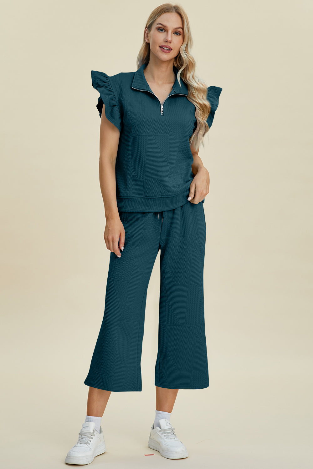 Double Take Texture Ruffle Short Sleeve Top and Wide Leg Pants Set - 5 Colors Trendsi