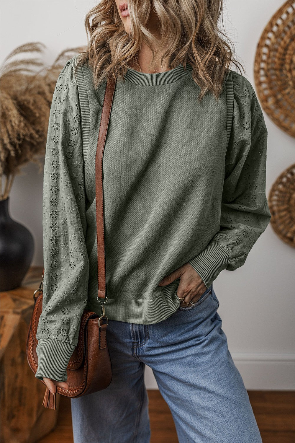 Eyelet Round Neck Long Sleeve Sweatshirt - 5 colors Trendsi