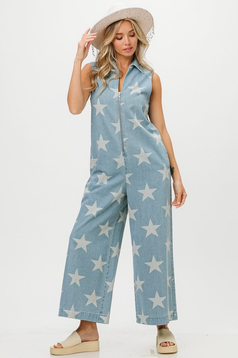 BiBi Star Print Half Zip Sleeveless Denim Jumpsuit Trendsi