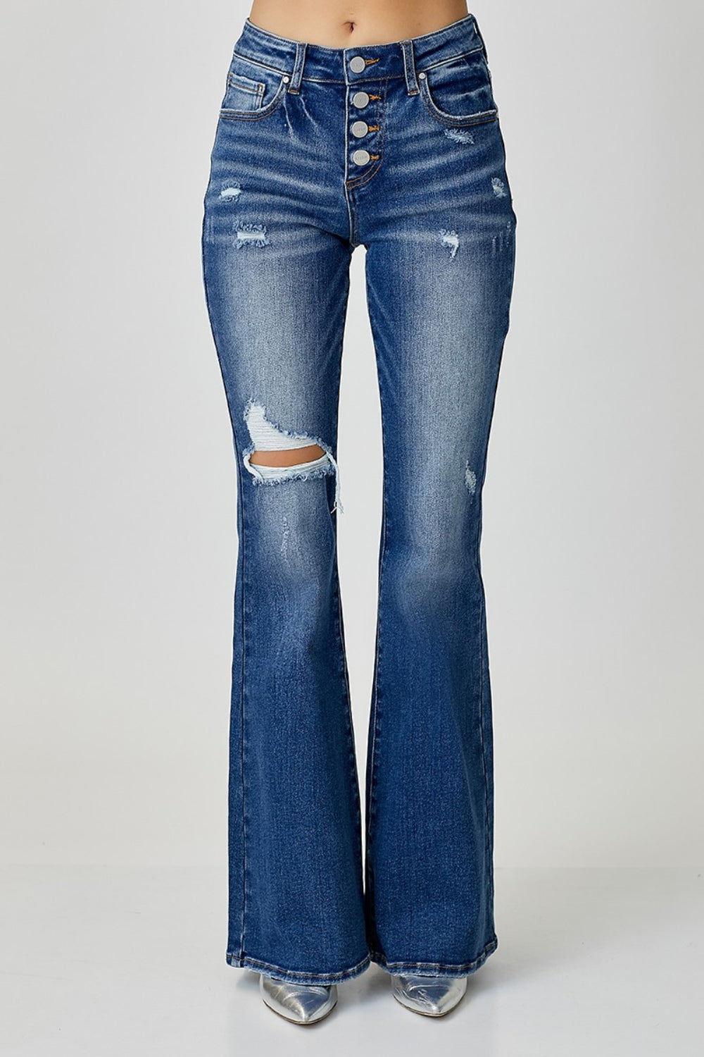 RISEN Change of Plans Distressed Button-Fly Flare Jeans Trendsi