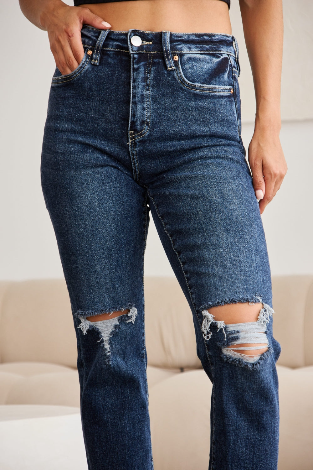 RFM Full Size Tummy Control Distressed High Waist Raw Hem Jeans - Shop All Around Divas