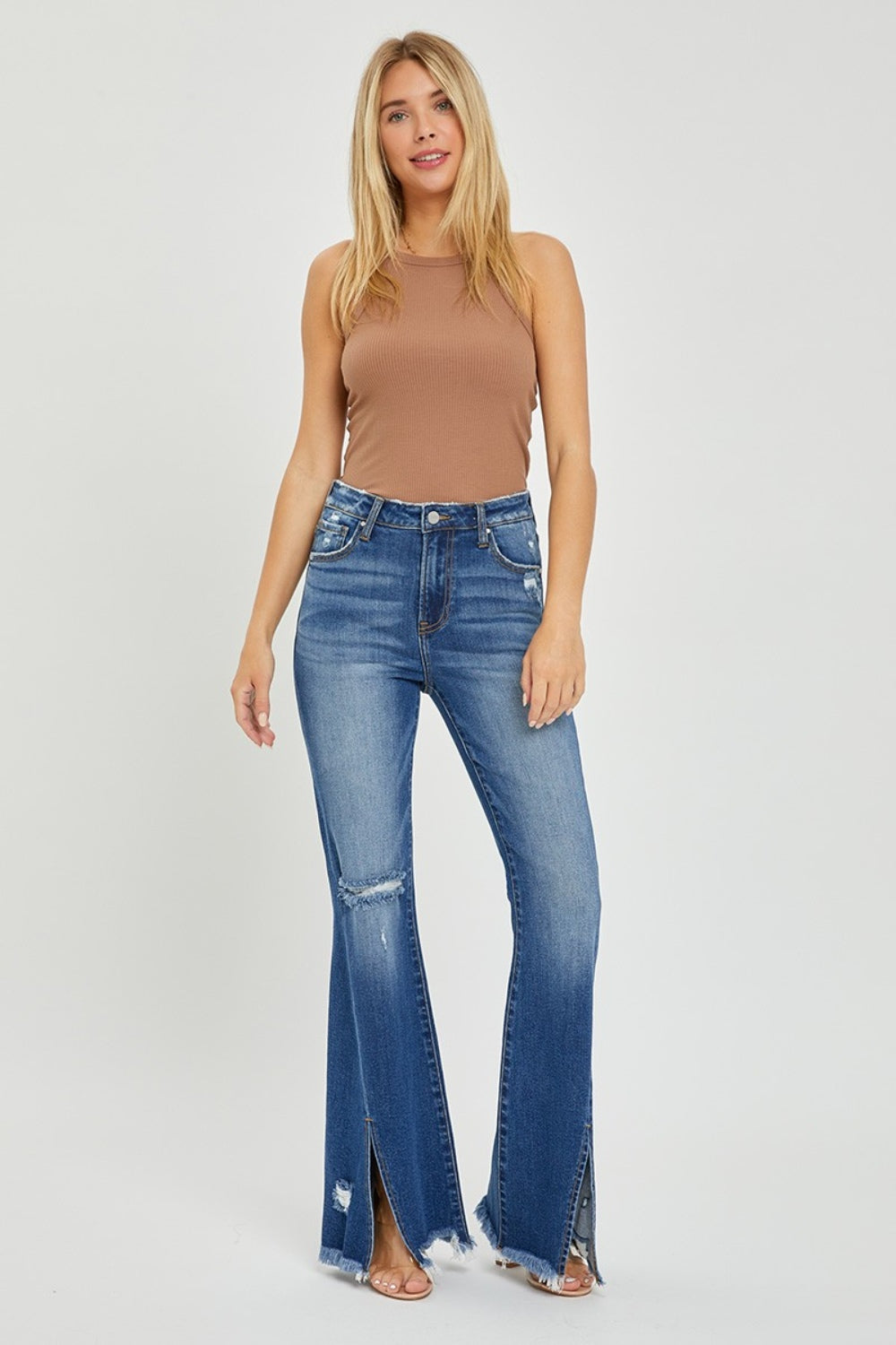 RISEN Full Size High Rise Front Slit Frayed Hem Flare Jeans Trendsi